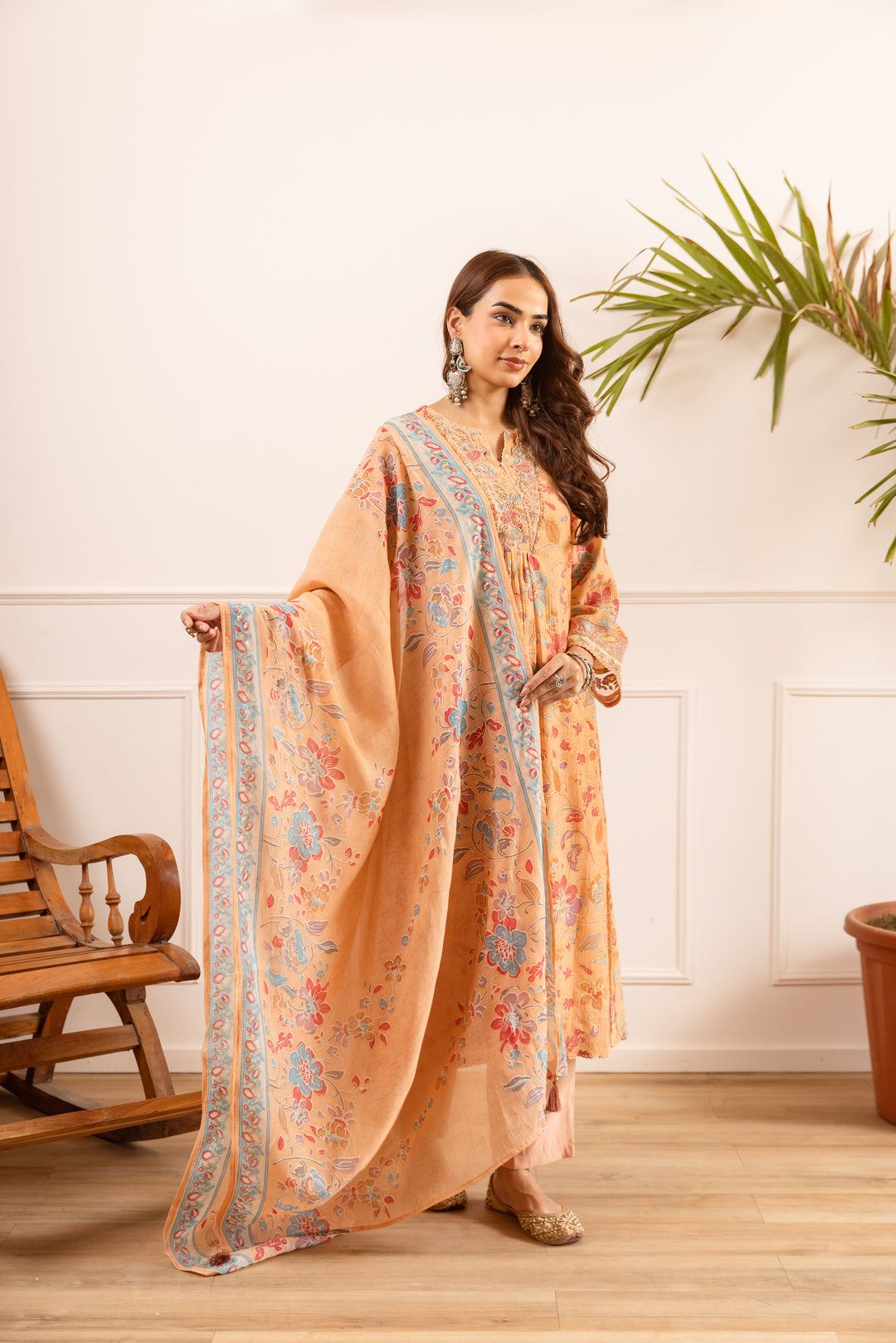 Nehamta Women's Orange Chanderi Cotton Kurta with Pant & Dupatta