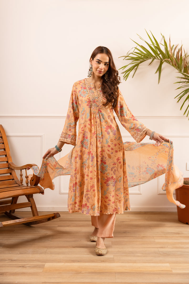 Nehamta Women's Orange Chanderi Cotton Kurta with Pant & Dupatta