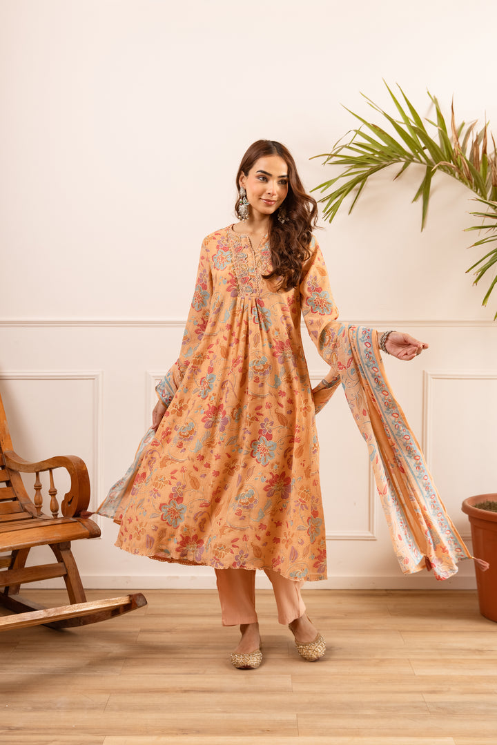 Nehamta Women's Orange Chanderi Cotton Kurta with Pant & Dupatta
