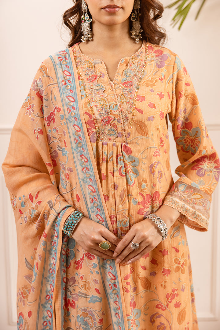 Nehamta Women's Orange Chanderi Cotton Kurta with Pant & Dupatta