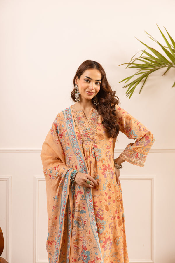 Nehamta Women's Orange Chanderi Cotton Kurta with Pant & Dupatta