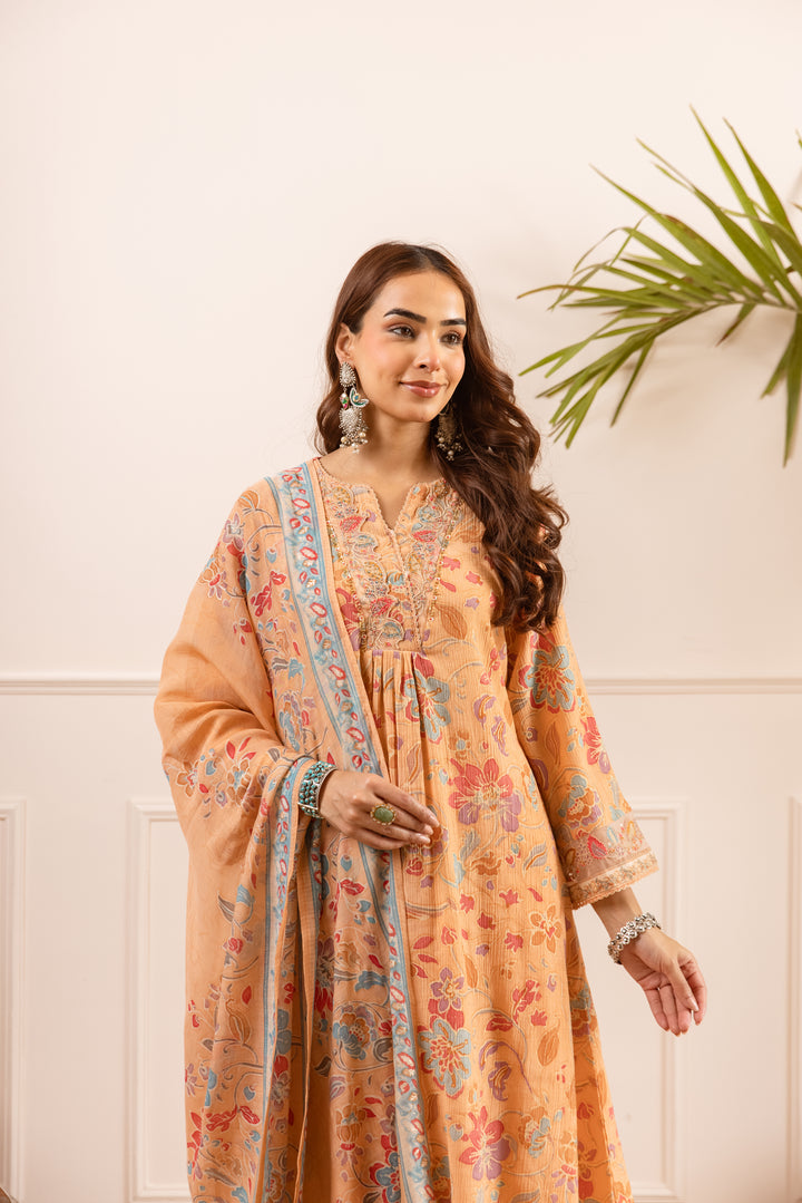 Nehamta Women's Orange Chanderi Cotton Kurta with Pant & Dupatta