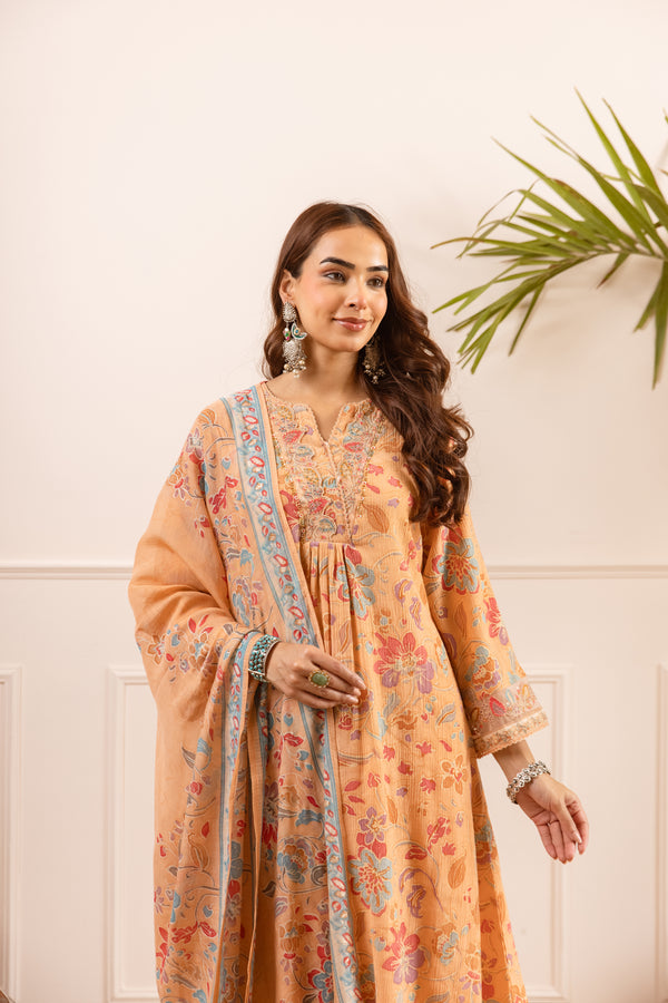 Nehamta Women's Orange Chanderi Cotton Kurta with Pant & Dupatta