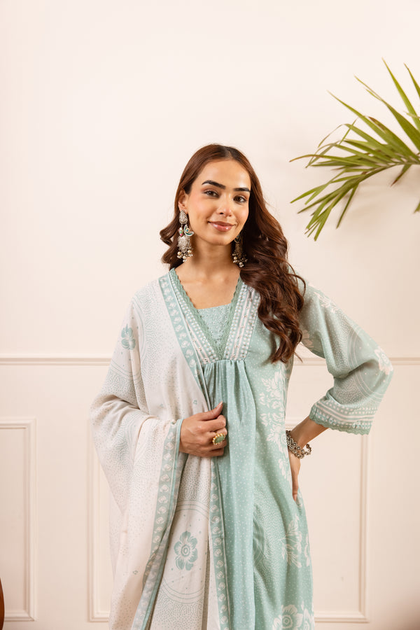Nehamta Women's Sea Green Silk Blend Kurta with Pant & Dupatta