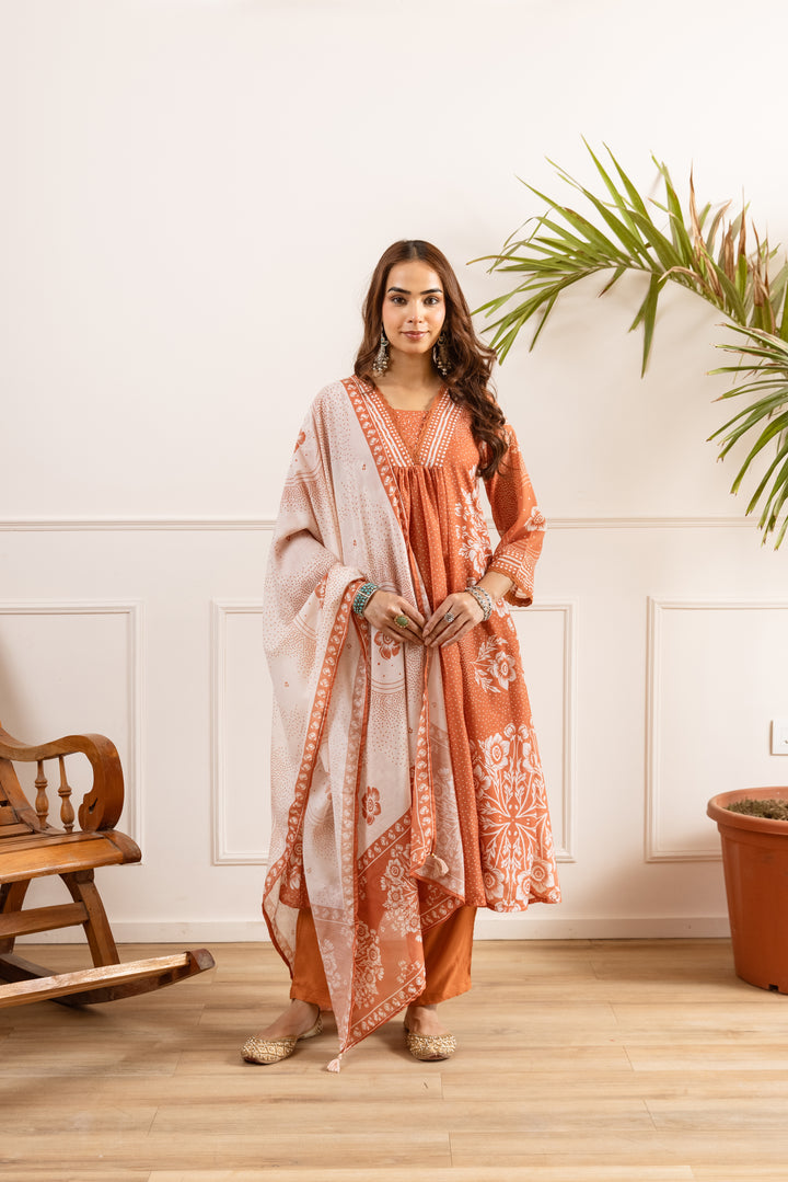 Nehamta Women's Rust Silk Blend Kurta with Pant & Dupatta