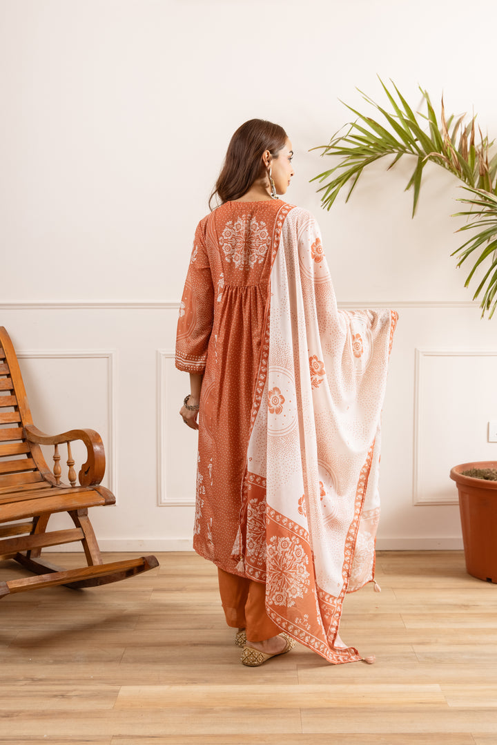 Nehamta Women's Rust Silk Blend Kurta with Pant & Dupatta
