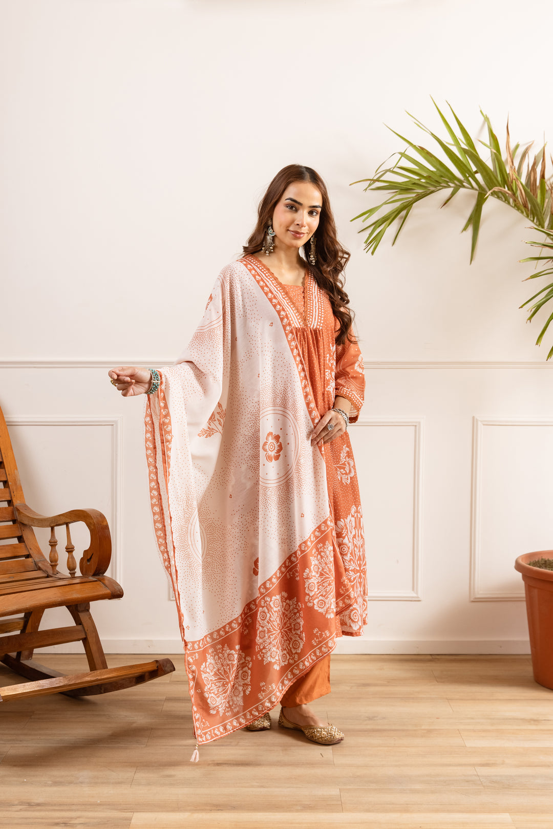 Nehamta Women's Rust Silk Blend Kurta with Pant & Dupatta