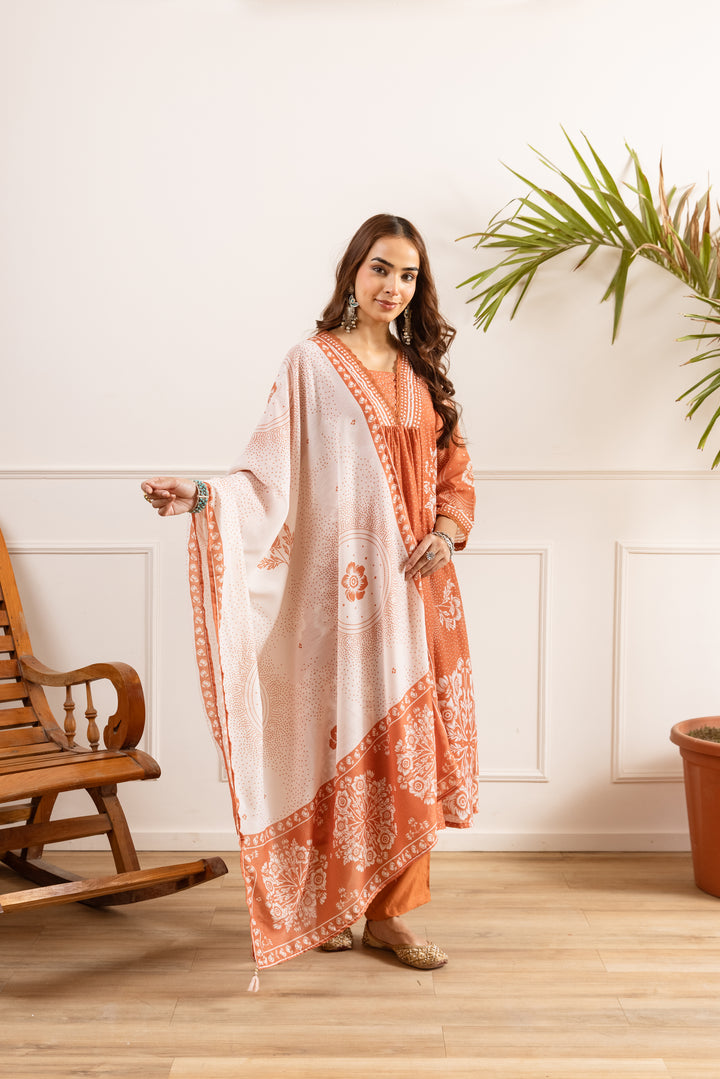 Nehamta Women's Rust Silk Blend Kurta with Pant & Dupatta