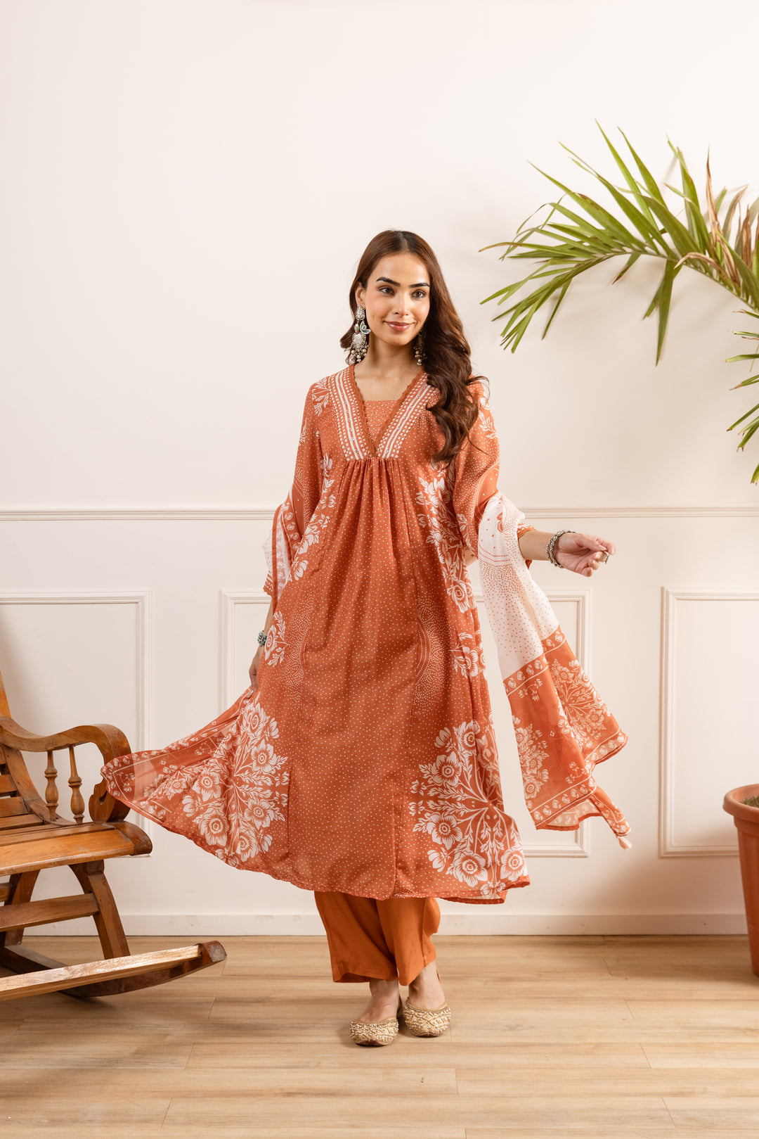 Nehamta Women's Rust Silk Blend Kurta with Pant & Dupatta