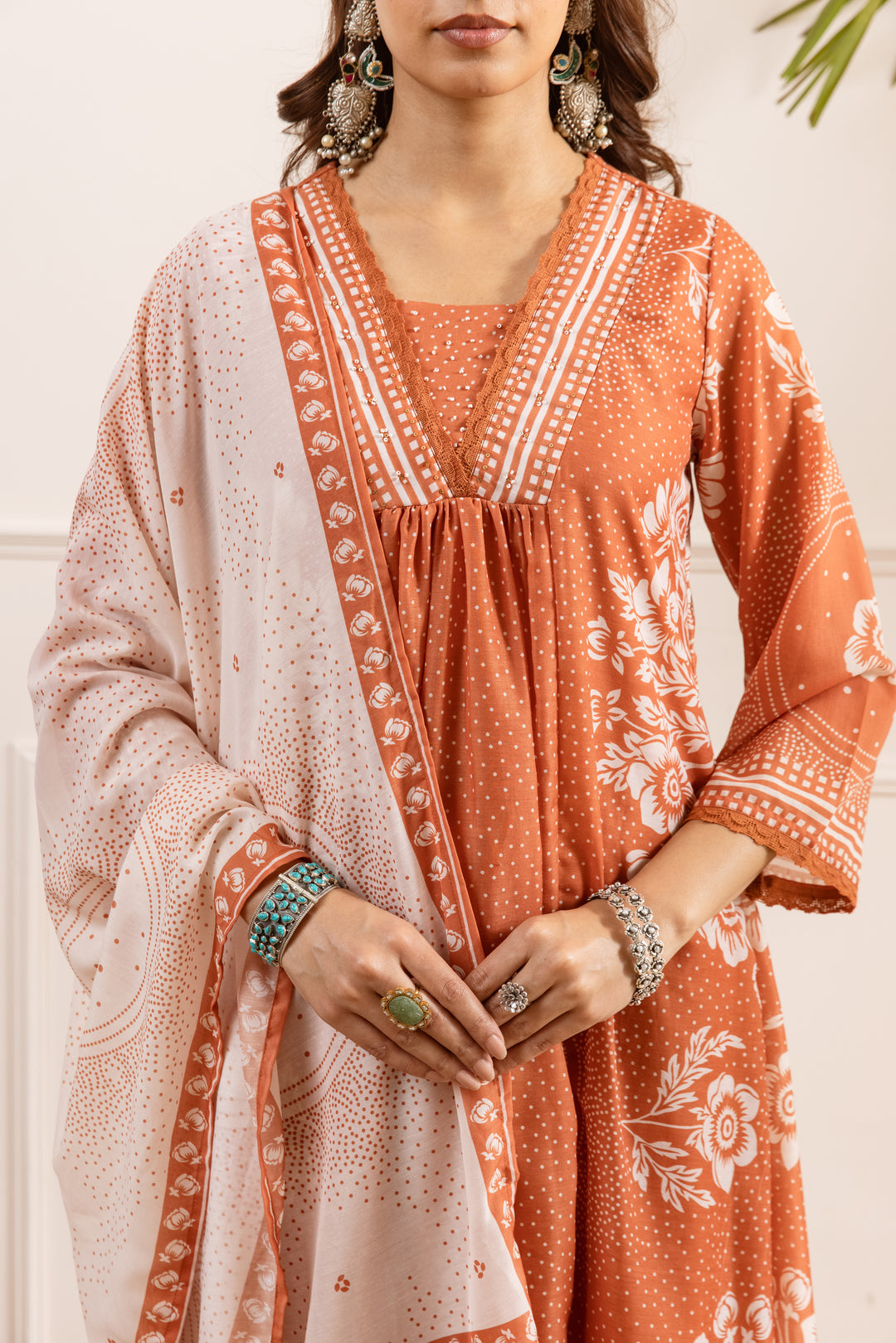 Nehamta Women's Rust Silk Blend Kurta with Pant & Dupatta