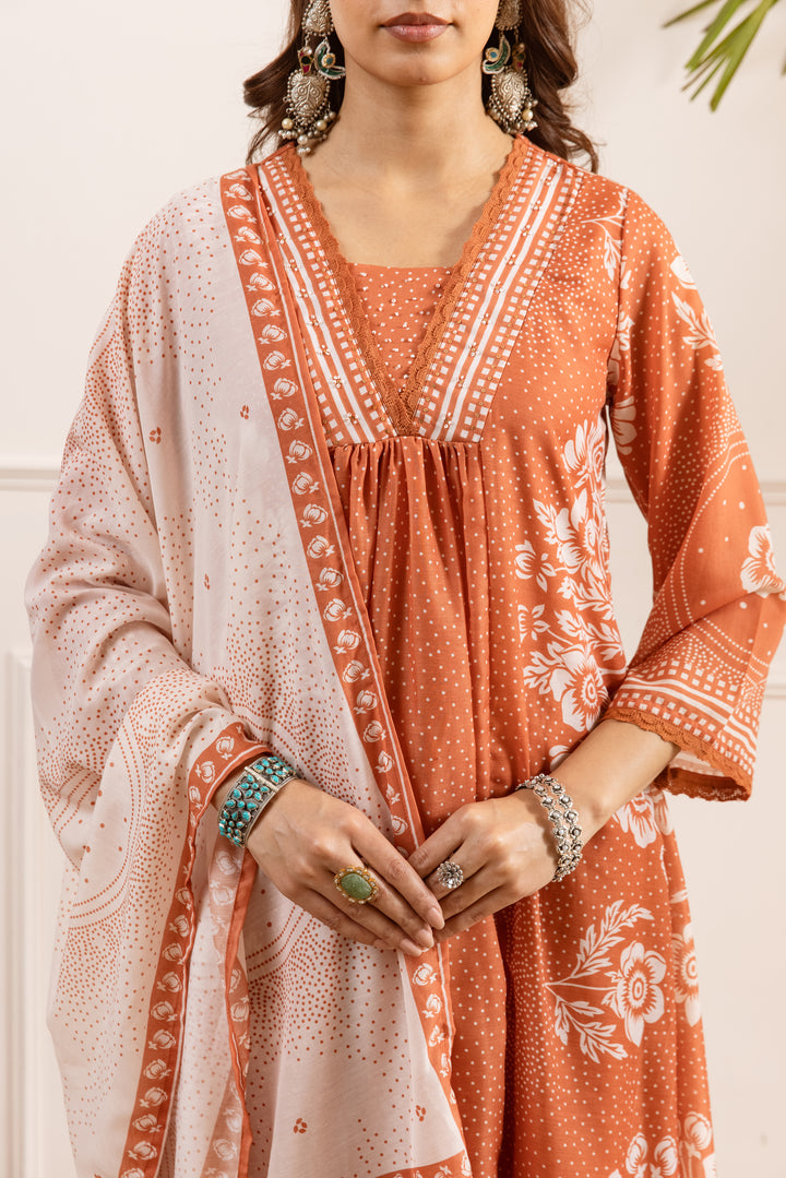 Nehamta Women's Rust Silk Blend Kurta with Pant & Dupatta