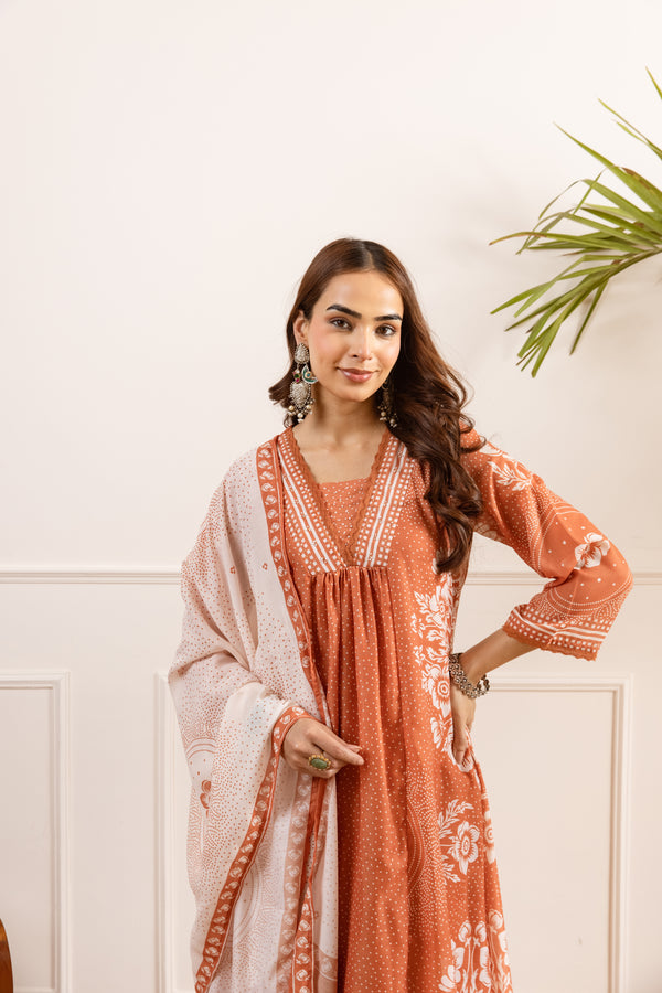 Nehamta Women's Rust Silk Blend Kurta with Pant & Dupatta