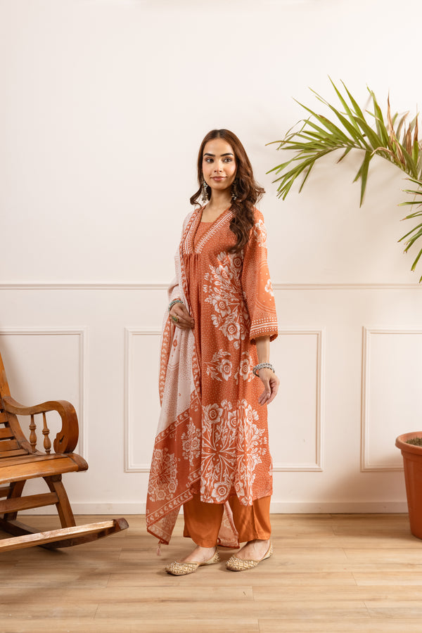 Nehamta Women's Rust Silk Blend Kurta with Pant & Dupatta