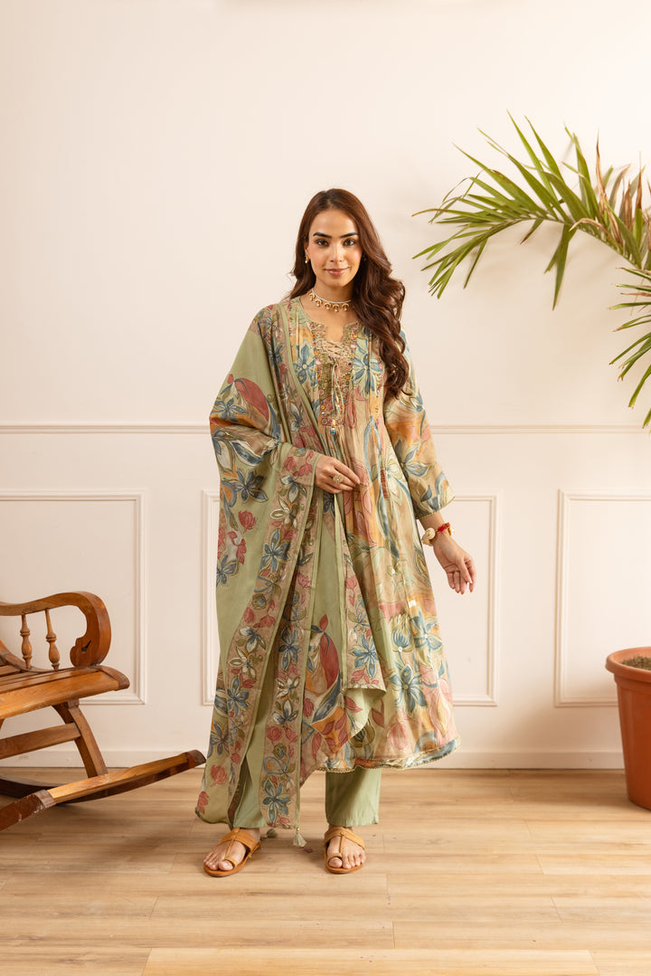 Nehamta Women's Olive Chanderi Cotton Kurta with Pant & Dupatta