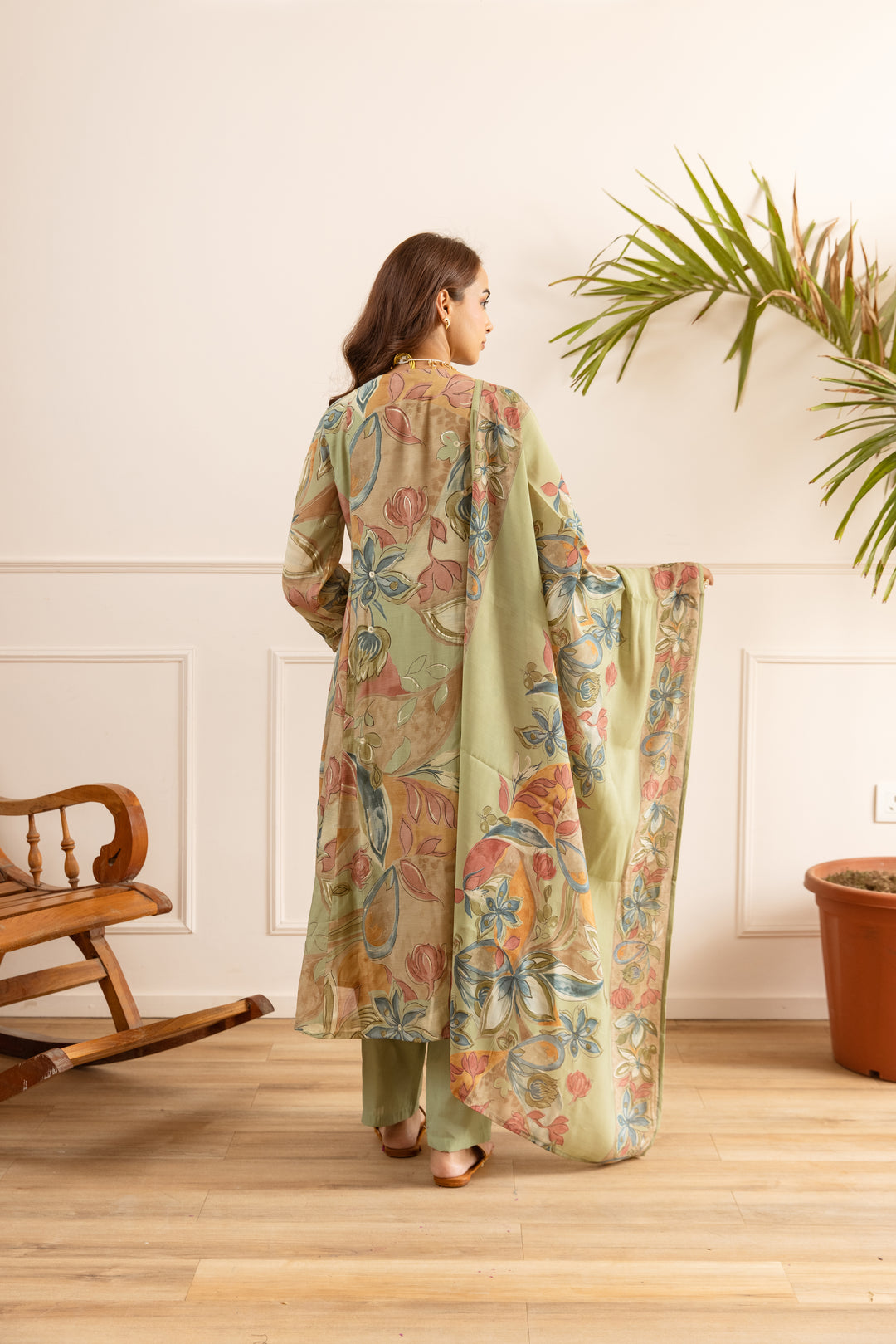Nehamta Women's Olive Chanderi Cotton Kurta with Pant & Dupatta