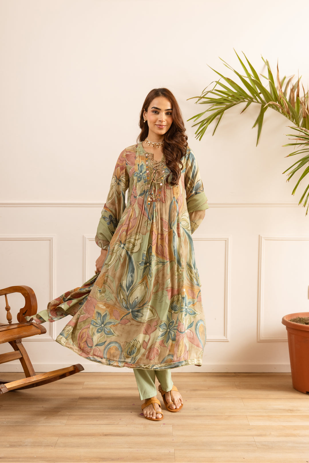 Nehamta Women's Olive Chanderi Cotton Kurta with Pant & Dupatta