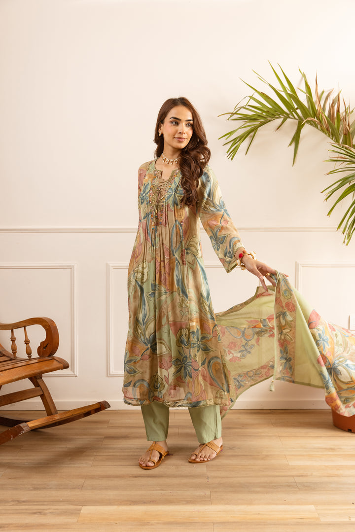 Nehamta Women's Olive Chanderi Cotton Kurta with Pant & Dupatta