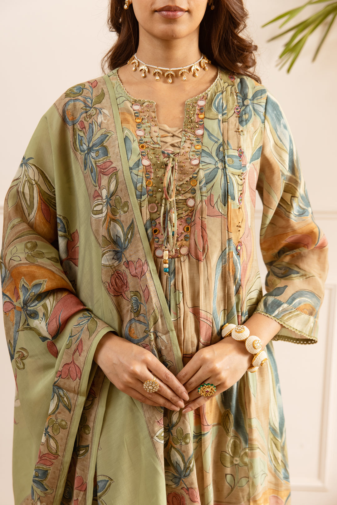 Nehamta Women's Olive Chanderi Cotton Kurta with Pant & Dupatta
