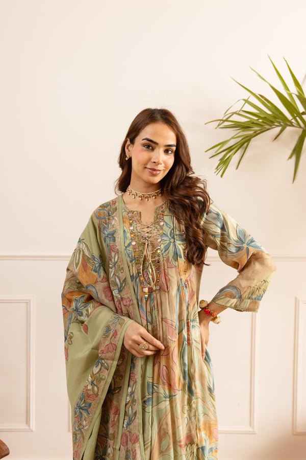 Nehamta Women's Olive Chanderi Cotton Kurta with Pant & Dupatta