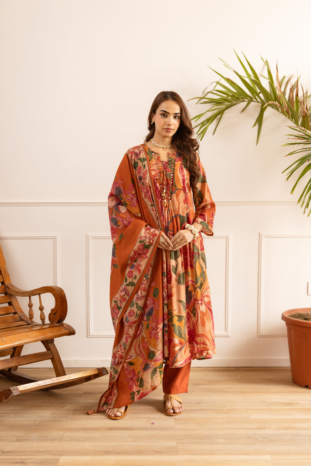 Nehamta Women's Orange Chanderi Cotton Kurta with Pant & Dupatta