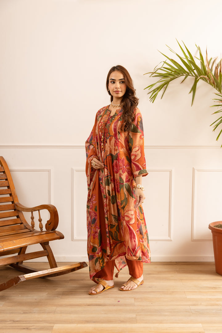 Nehamta Women's Orange Chanderi Cotton Kurta with Pant & Dupatta