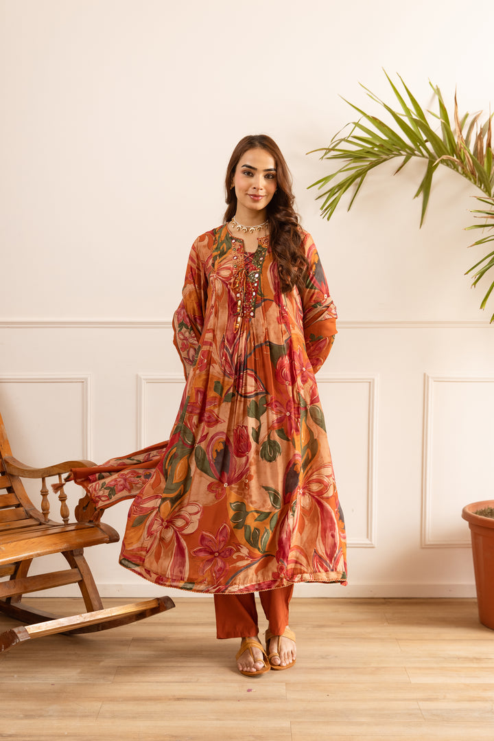 Nehamta Women's Orange Chanderi Cotton Kurta with Pant & Dupatta