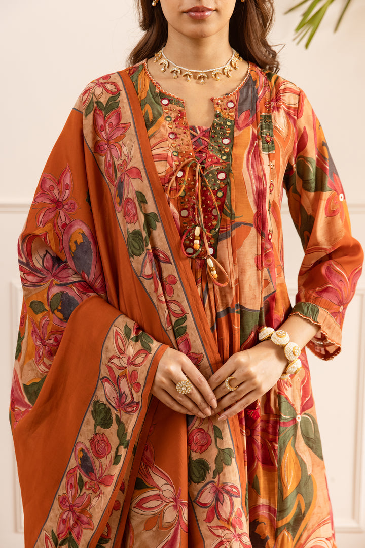 Nehamta Women's Orange Chanderi Cotton Kurta with Pant & Dupatta