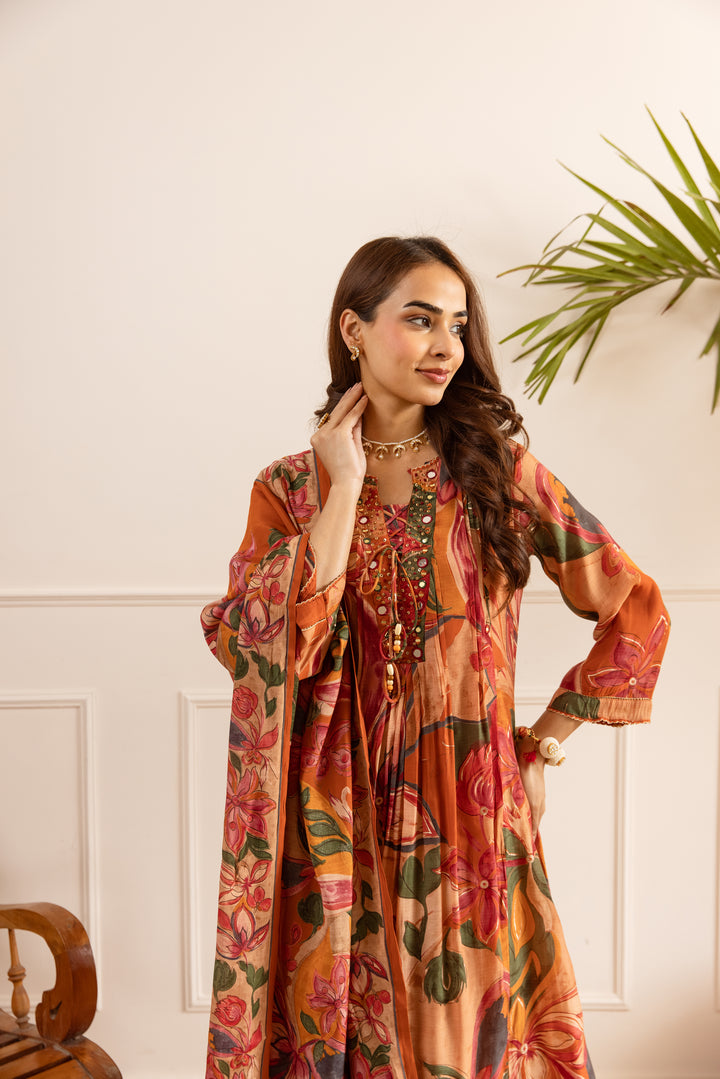 Nehamta Women's Orange Chanderi Cotton Kurta with Pant & Dupatta