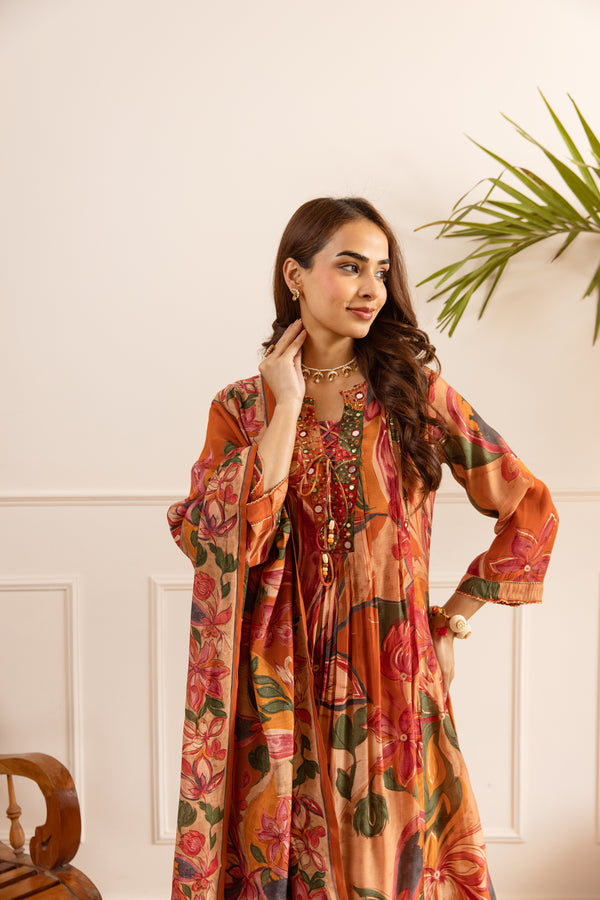 Nehamta Women's Orange Chanderi Cotton Kurta with Pant & Dupatta
