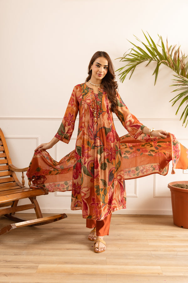 Nehamta Women's Orange Chanderi Cotton Kurta with Pant & Dupatta