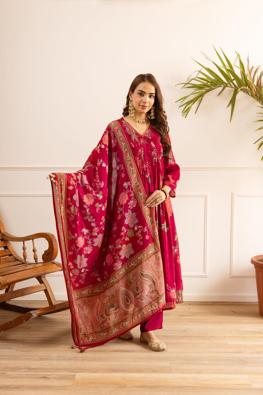 Nehamta Women's Red Chanderi Cotton Kurta with Pant & Dupatta