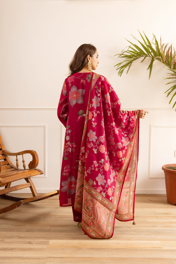Nehamta Women's Red Chanderi Cotton Kurta with Pant & Dupatta