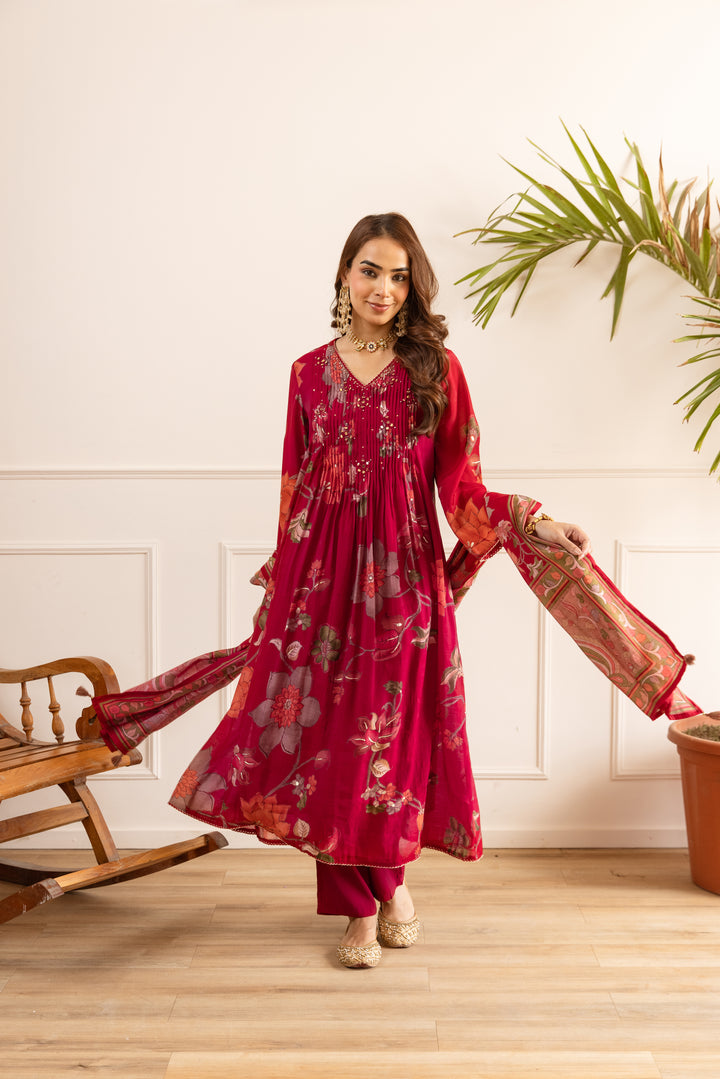 Nehamta Women's Red Chanderi Cotton Kurta with Pant & Dupatta