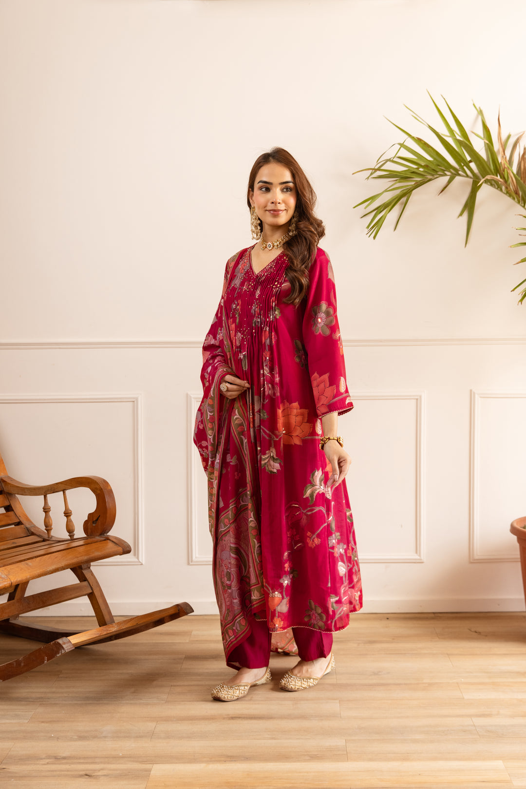 Nehamta Women's Red Chanderi Cotton Kurta with Pant & Dupatta