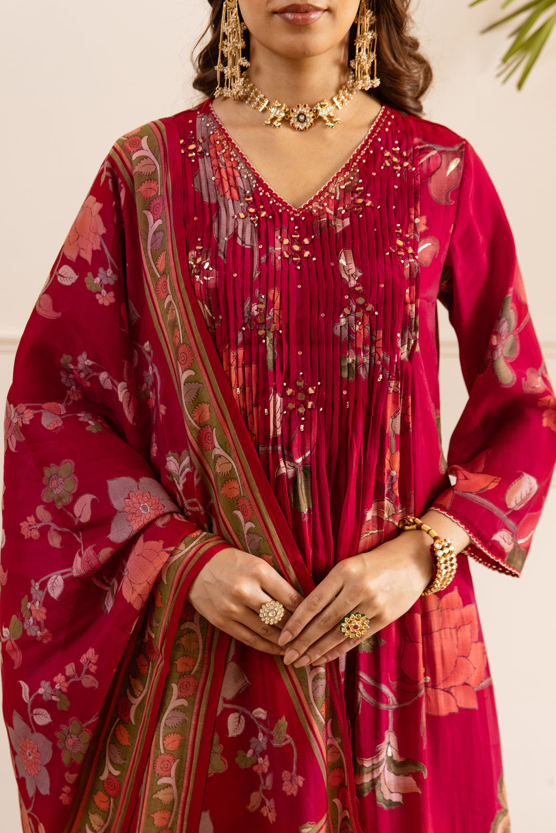 Nehamta Women's Red Chanderi Cotton Kurta with Pant & Dupatta
