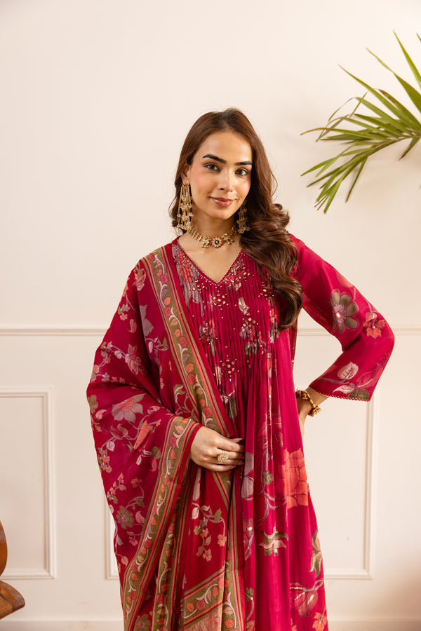 Nehamta Women's Red Chanderi Cotton Kurta with Pant & Dupatta