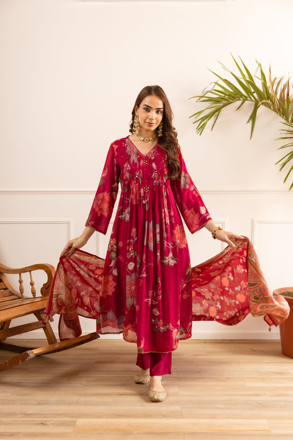 Nehamta Women's Red Chanderi Cotton Kurta with Pant & Dupatta