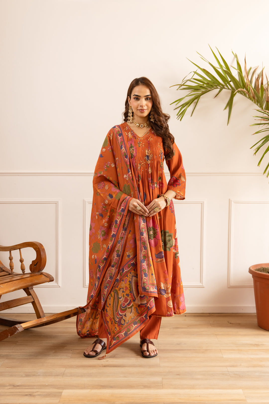 Nehamta Women's Orange Chanderi Cotton Kurta with Pant & Dupatta