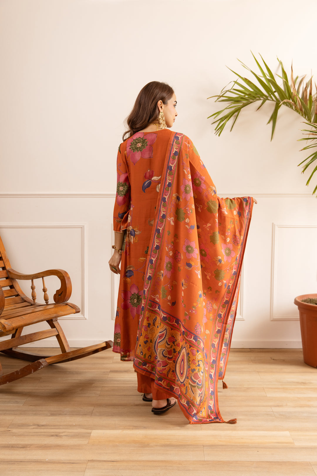 Nehamta Women's Orange Chanderi Cotton Kurta with Pant & Dupatta