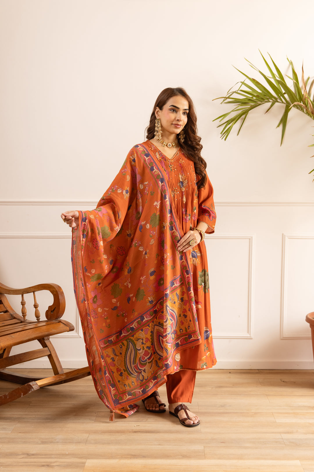 Nehamta Women's Orange Chanderi Cotton Kurta with Pant & Dupatta