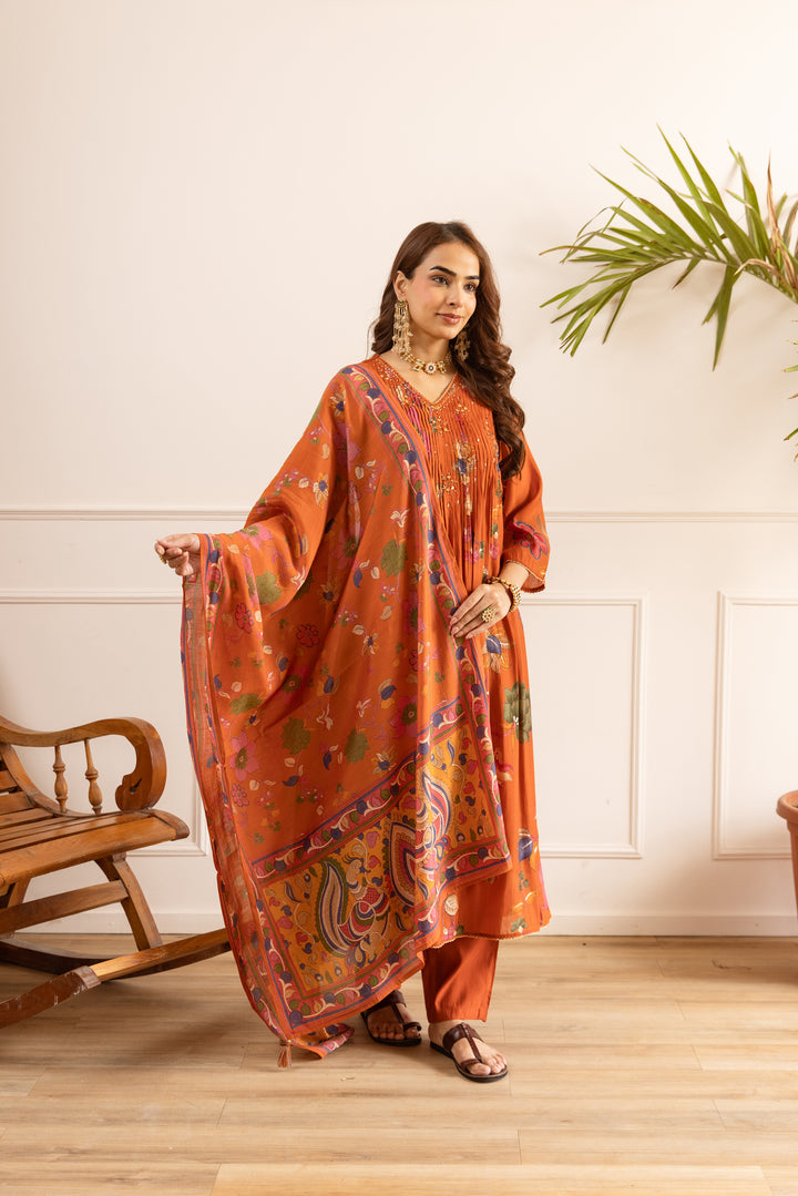 Nehamta Women's Orange Chanderi Cotton Kurta with Pant & Dupatta