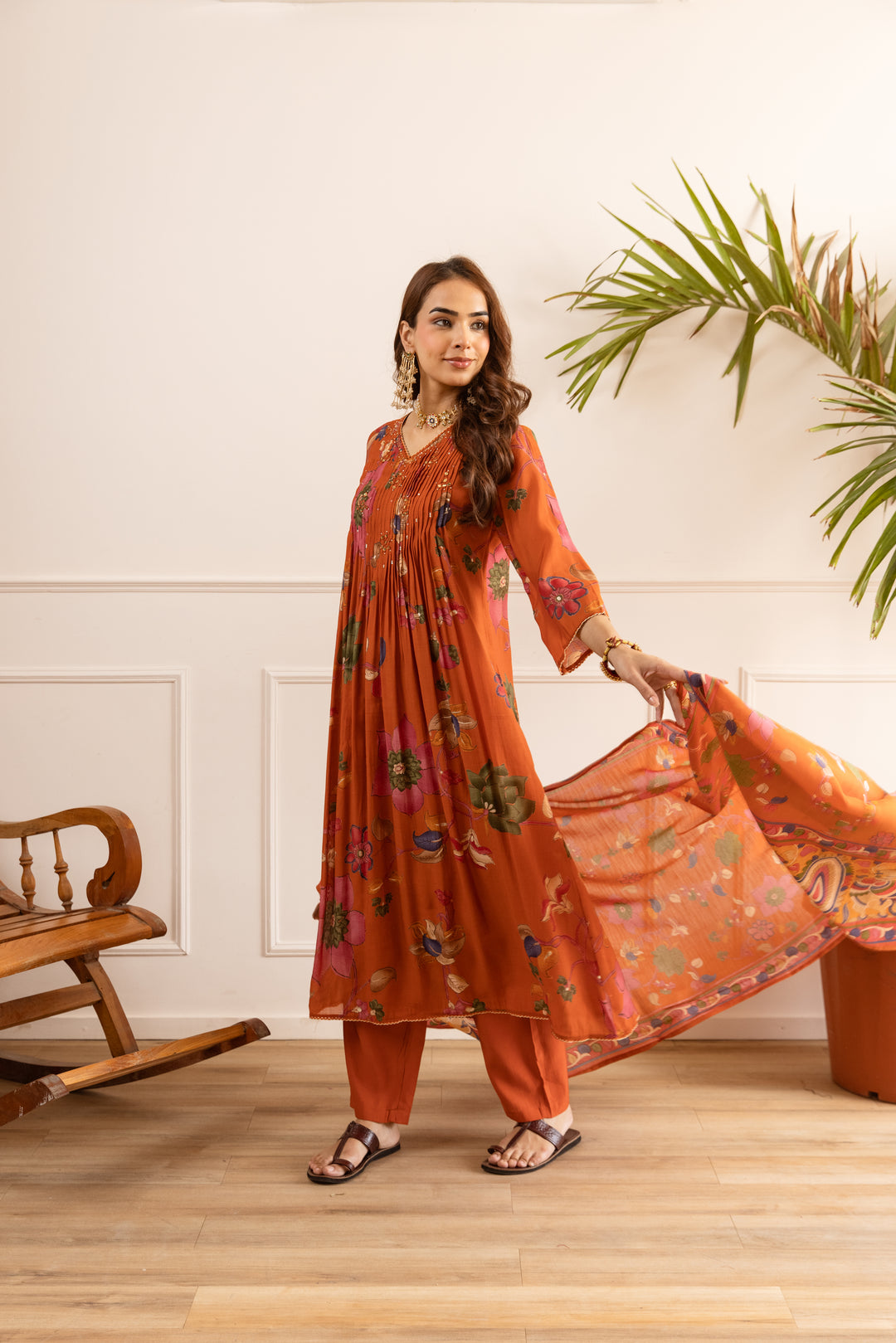 Nehamta Women's Orange Chanderi Cotton Kurta with Pant & Dupatta