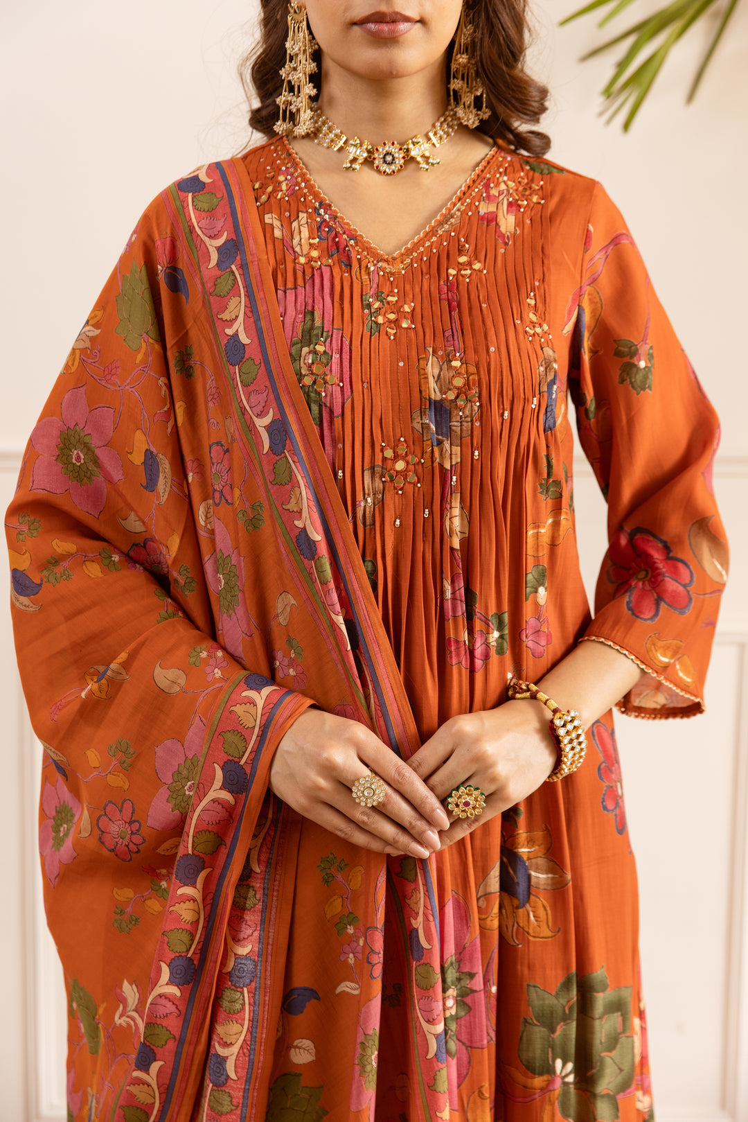 Nehamta Women's Orange Chanderi Cotton Kurta with Pant & Dupatta