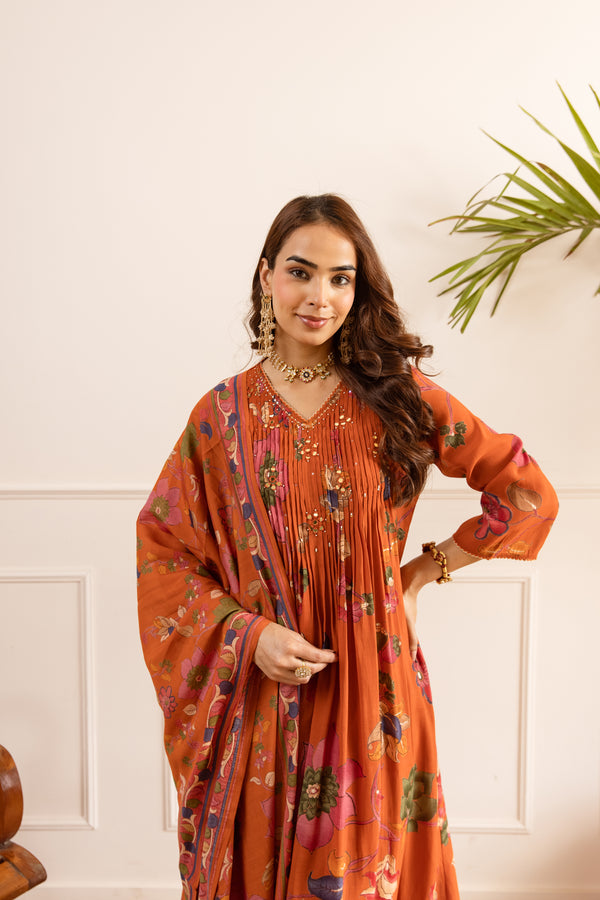 Nehamta Women's Orange Chanderi Cotton Kurta with Pant & Dupatta