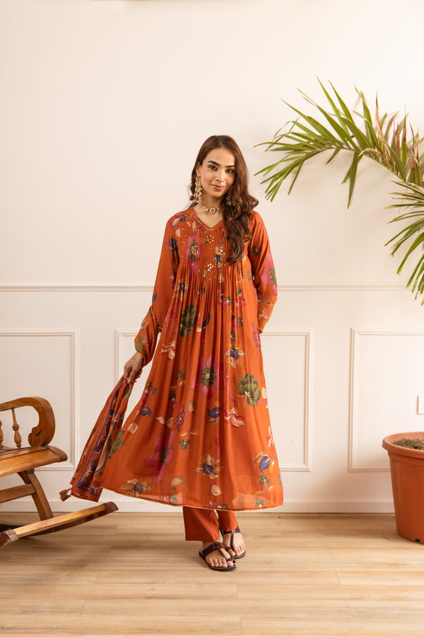 Nehamta Women's Orange Chanderi Cotton Kurta with Pant & Dupatta