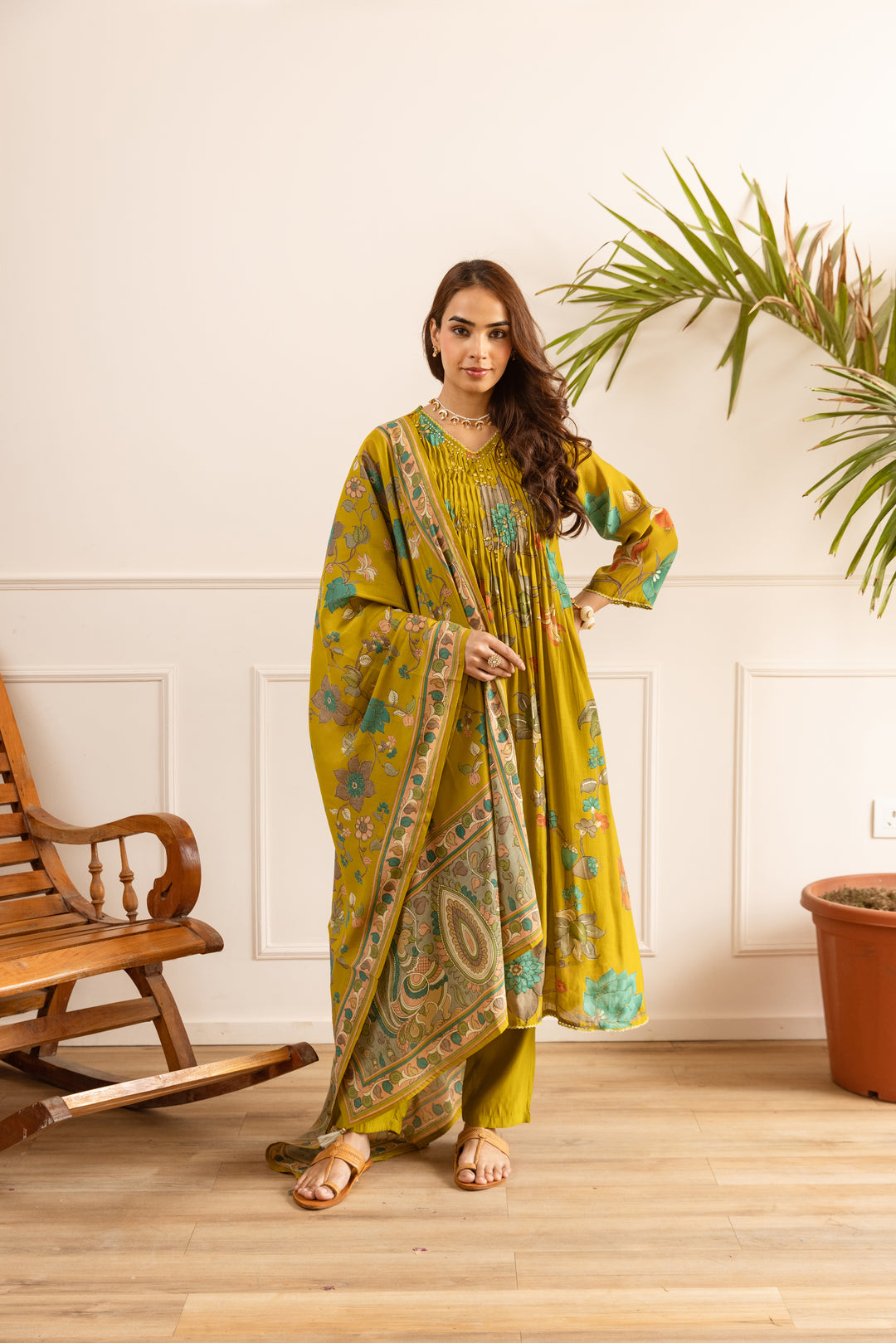 Nehamta Women's Mustard Chanderi Cotton Kurta with Pant & Dupatta