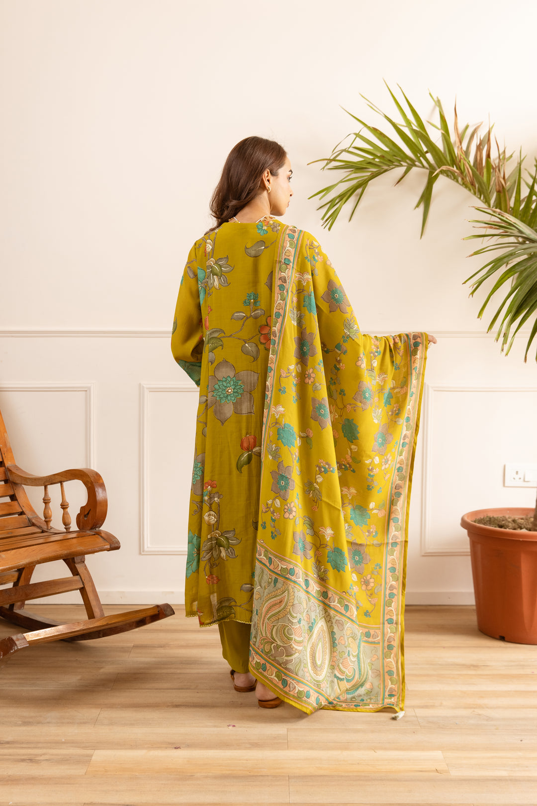Nehamta Women's Mustard Chanderi Cotton Kurta with Pant & Dupatta