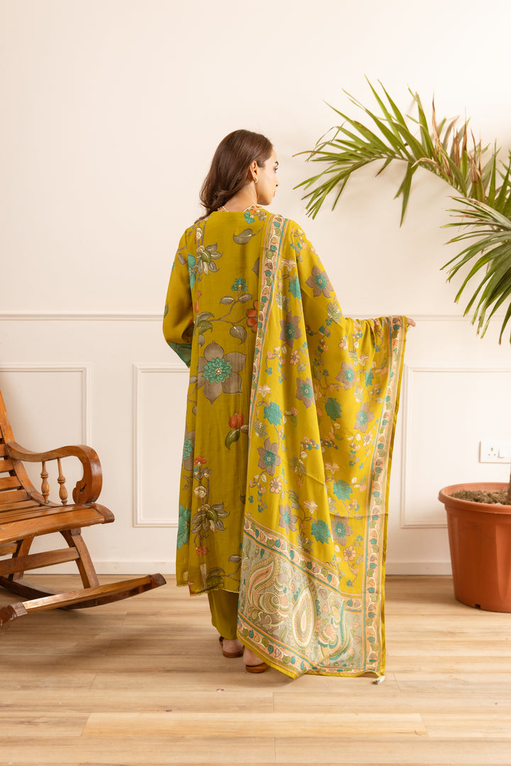 Nehamta Women's Mustard Chanderi Cotton Kurta with Pant & Dupatta