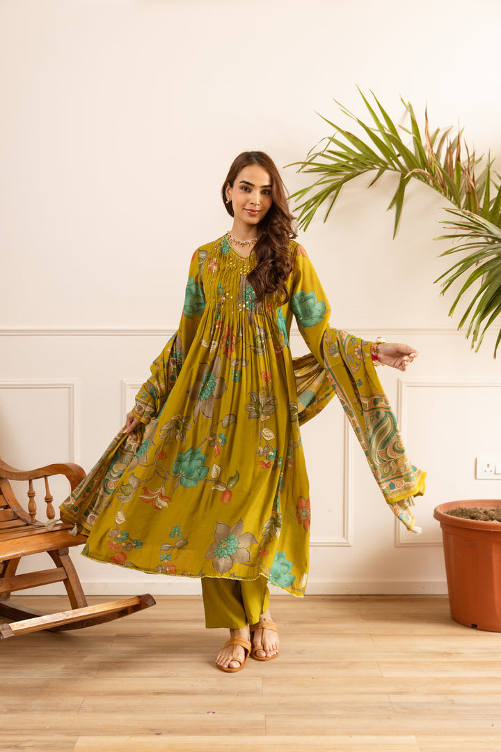 Nehamta Women's Mustard Chanderi Cotton Kurta with Pant & Dupatta