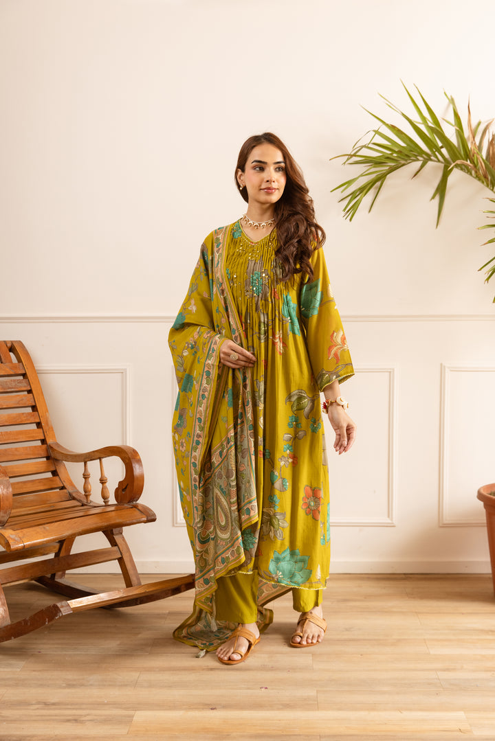 Nehamta Women's Mustard Chanderi Cotton Kurta with Pant & Dupatta